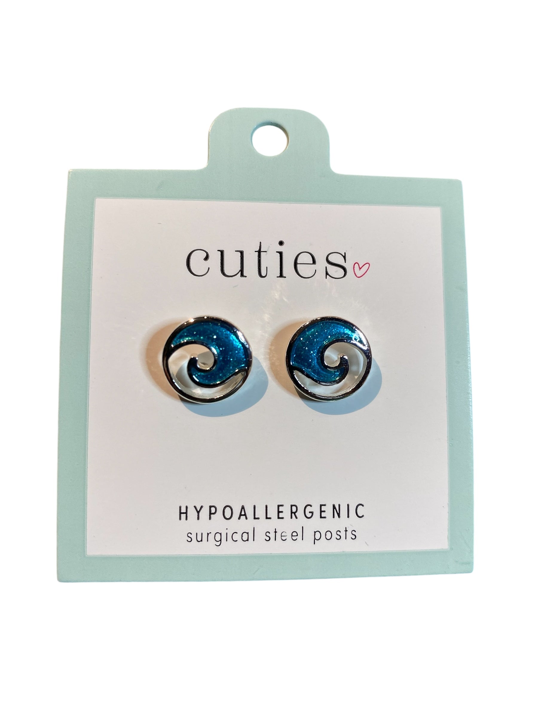 Pair of blue and silver spiral earrings on a 'cuties' branded card.