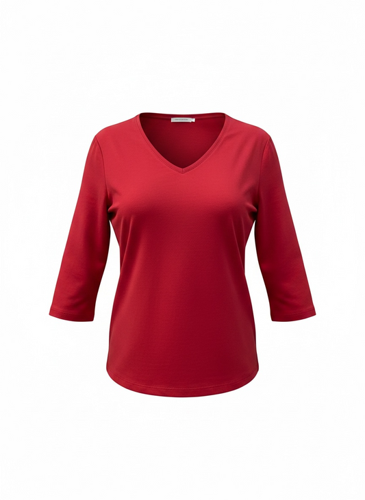 Red V-neck shirt with three-quarter sleeves on a white background